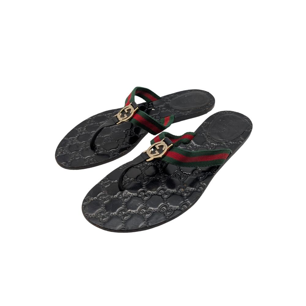 Gucci Black Guccissima Web GG Kika Thong Sandals Size 40